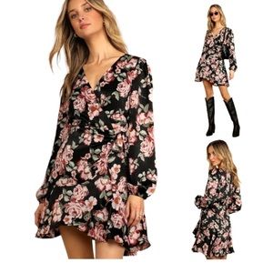 Lulus Blossoming Nature Black floral satin wrap mini dress